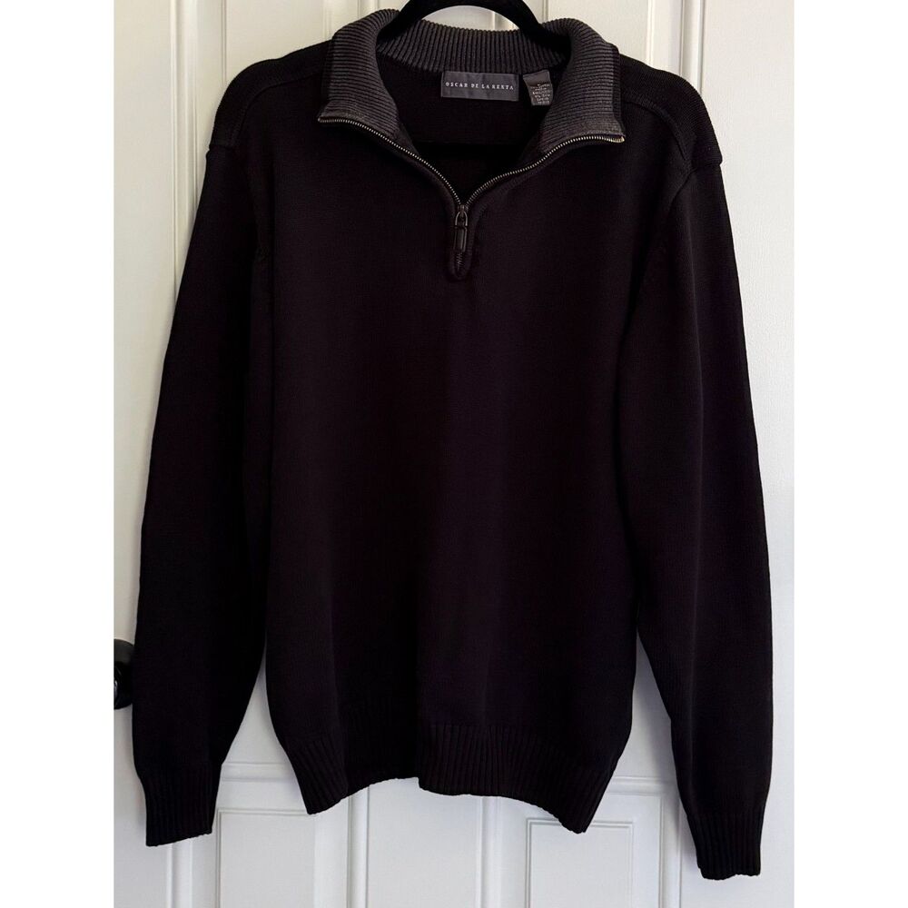 Oscar De La Renta Men's Black 1/4 Zip Sweater size L 100% Cotton